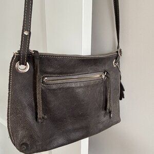 Roots Edie Crossover Bag in a Pebbled Leather- Dark Grey Colour - Made in Canada